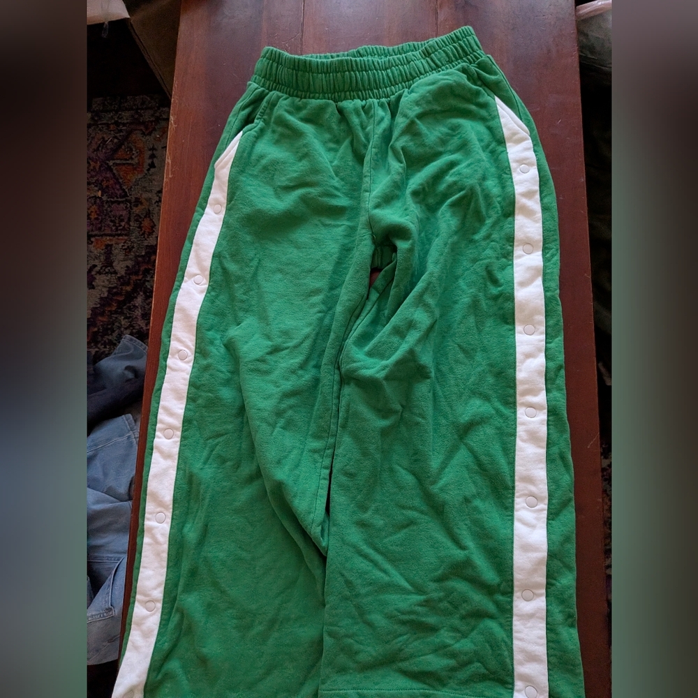 Forever 21 Green  Snap-Track Pants with White Side Stripes